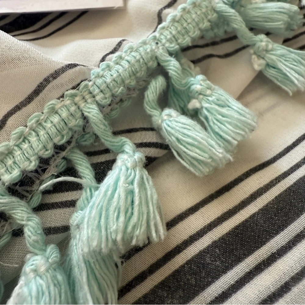 Swimsuit Cover Up Semi Sheer Black & White‎ Striped Turquoise Fringe One Size